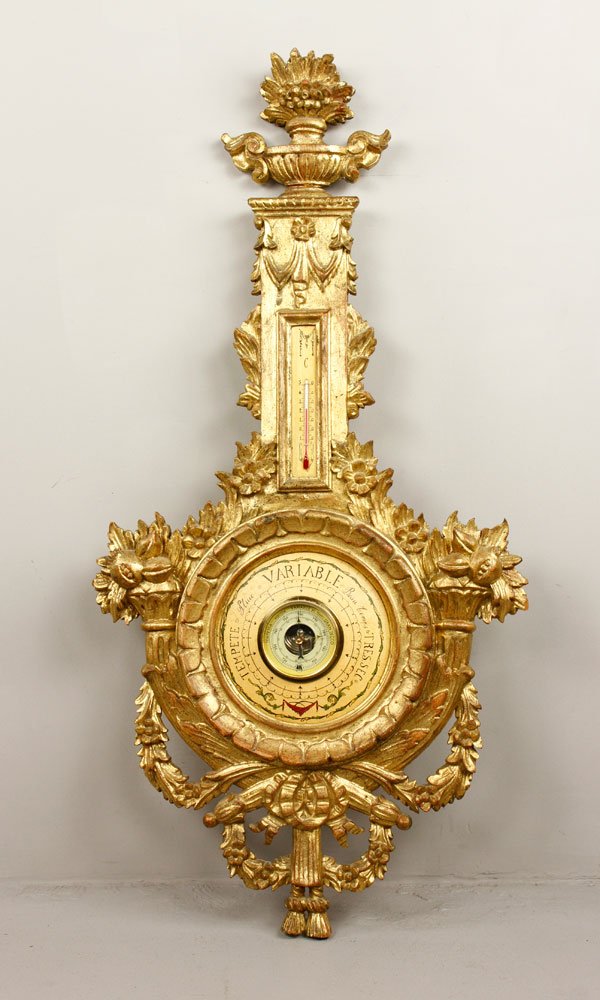 French Giltwood Thermometer/Barometer: French thermometer/barometer, hand carved giltwood, 40". Provenance: NY collector.