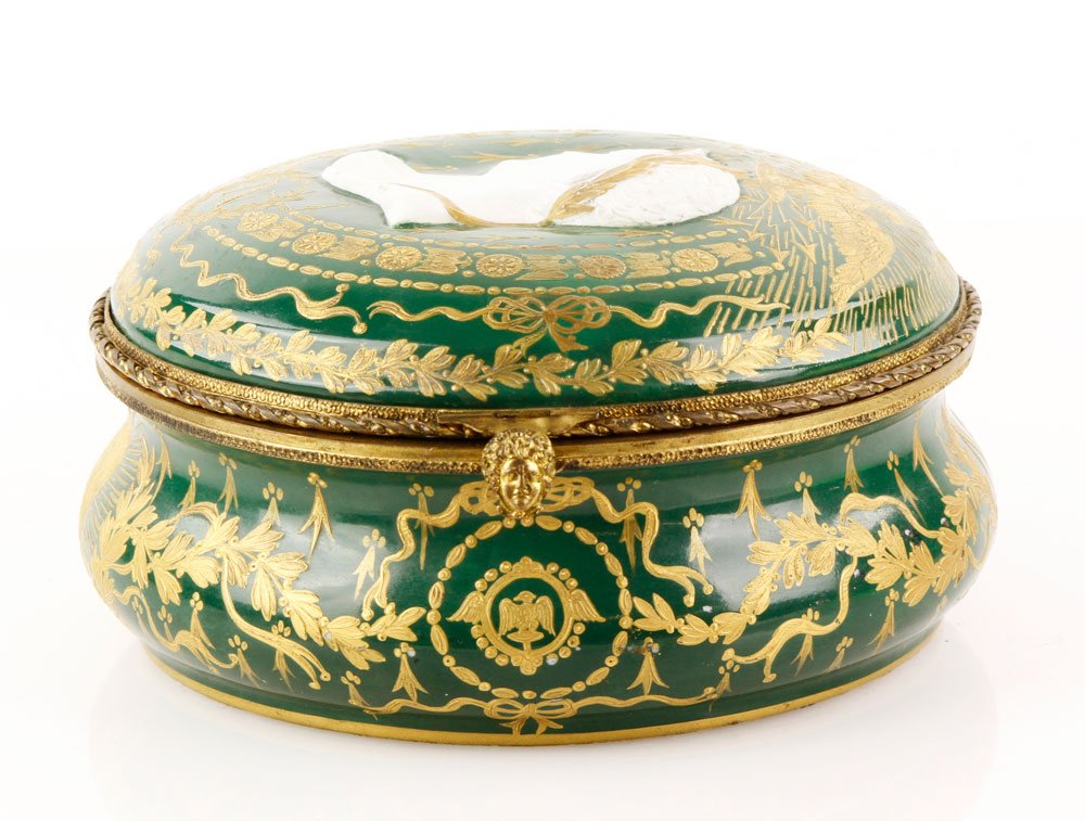 French Sevres Napoleonic Jewelry Box: French Sevres Napoleonic large jewelry box, green with gilt and bisque carving on cover of Napoleon and Josephine, 4 1/2"h x 8 1/2"dia. Provenance: NY collector.