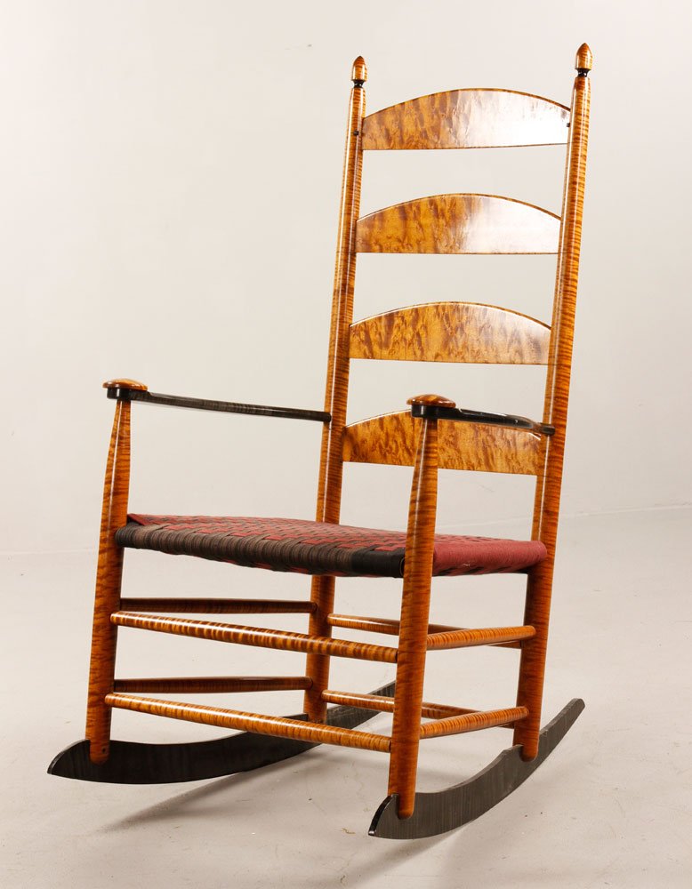 Custom Made Shaker Style Rocker: Custom made Shaker style rocker, tiger and bird's eye maple, made by John Ryan III, Walpole, NH, 2004, 41" h x 24" w, seat height 16". Provenance: From a Framingham, MA estate.
