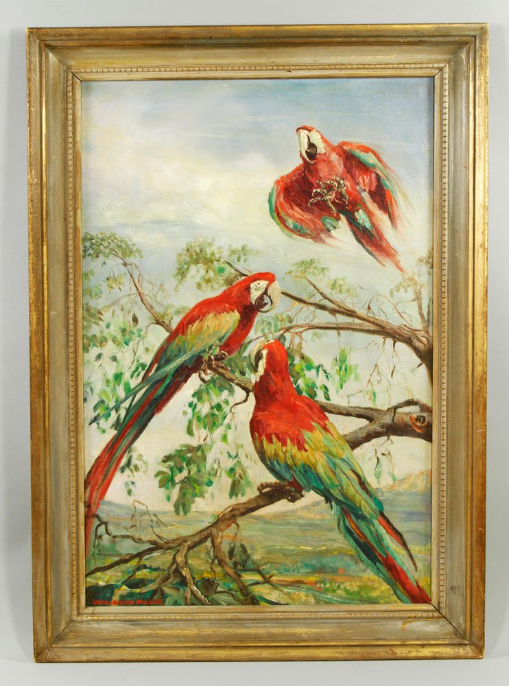 Jensen Miller, "Parrots,": Bruce Jensen Miller, "Parrots," signed lower left, 36" h x 24" w (view), 42" h x 30" w (frame). Provenance: From a California estate.