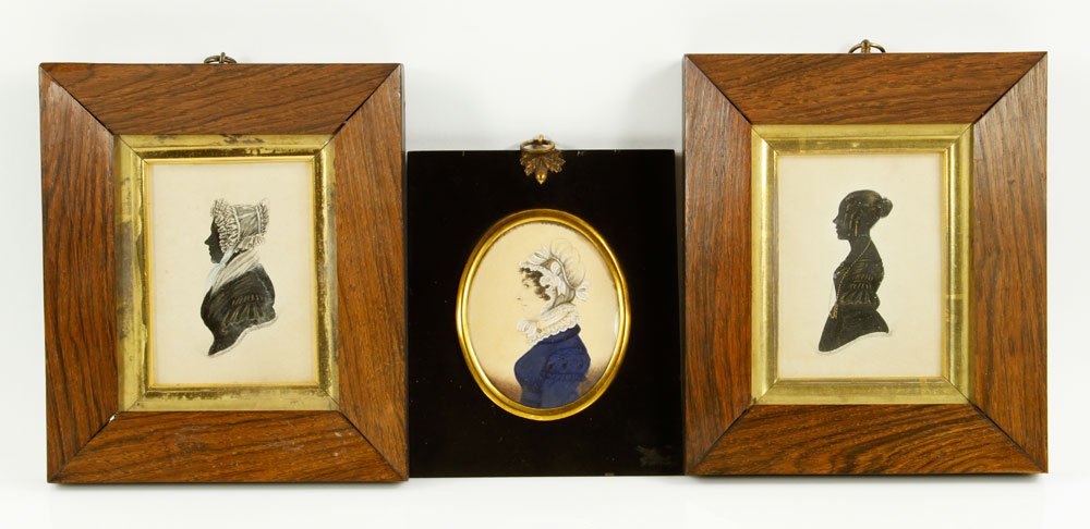 Lot of 3 Silhouettes: Lot of three silhouettes, two with gilt highlights and one hand painted, with "Alice, Wife of Peter Whitmore," and other info verso, largest 3 3/4" h x 2 3/4" w (view), 7" h x 6" w (frame). Provenance