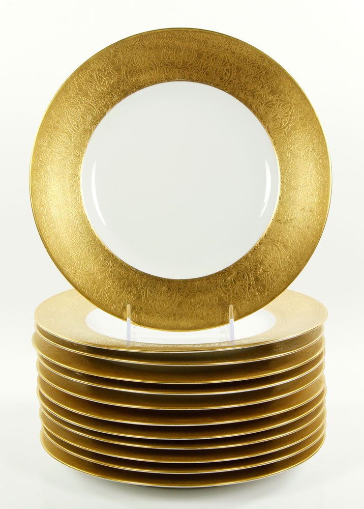 Lot of 12 German Bavarian Selb Plates: Lot of twelve German Bavarian Selb plates, decorated with 22K gold, 11" dia. Provenance: From a California estate.