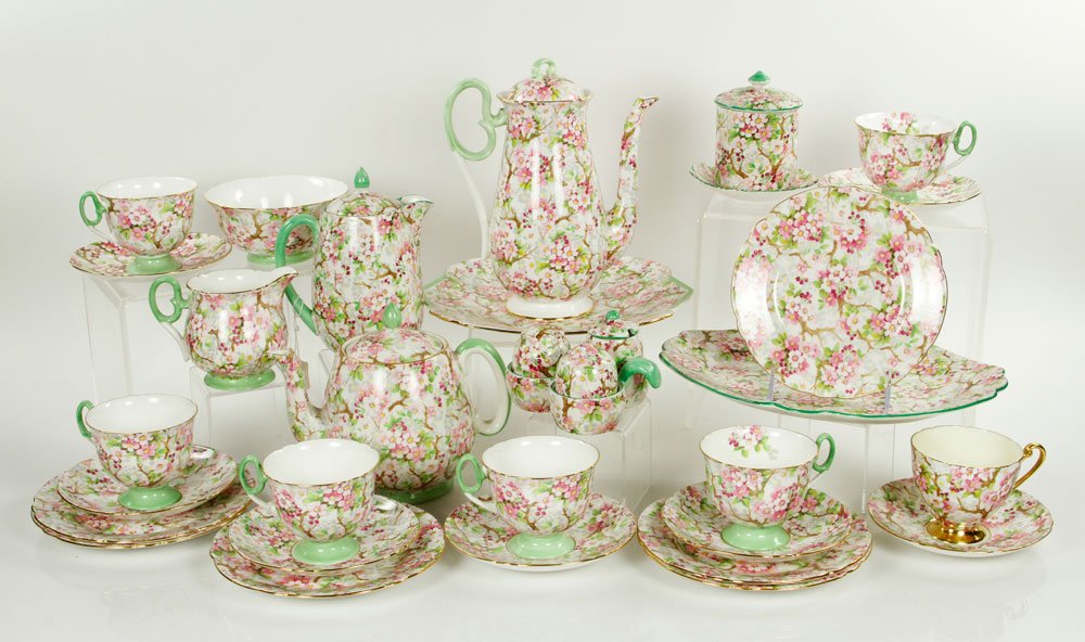 Shelley China "Maytime" Chintz: Shelley "Maytime" chintz, to include: one coffee pot, one teapot, one jam pot, seven tea cups and saucers, one hot water pot, one creamer, one open bowl, two trays, five luncheon plates, one small she