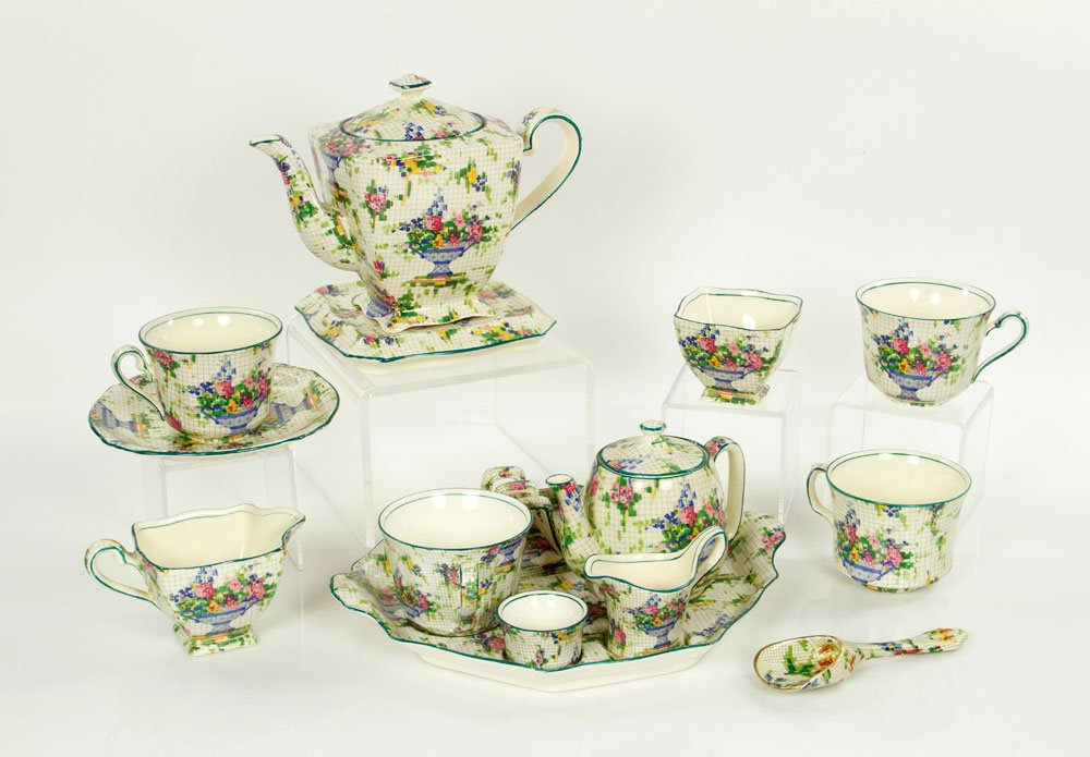 Royal Winton "Pelham" Chintz: Royal Winton "Pelham" chintz, to include: teapot and trivets, breakfast toast set, creamer, and sugar. Provenance: From a Framingham, MA estate.