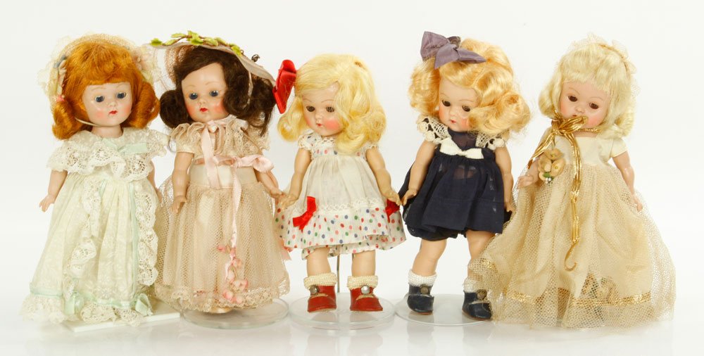 Lot of 5 Vogue Ginny Dolls: Lot of five Vogue Ginny dolls, to include: three Bridesmaids, Kay and April. Provenance: From a Framingham, MA estate.