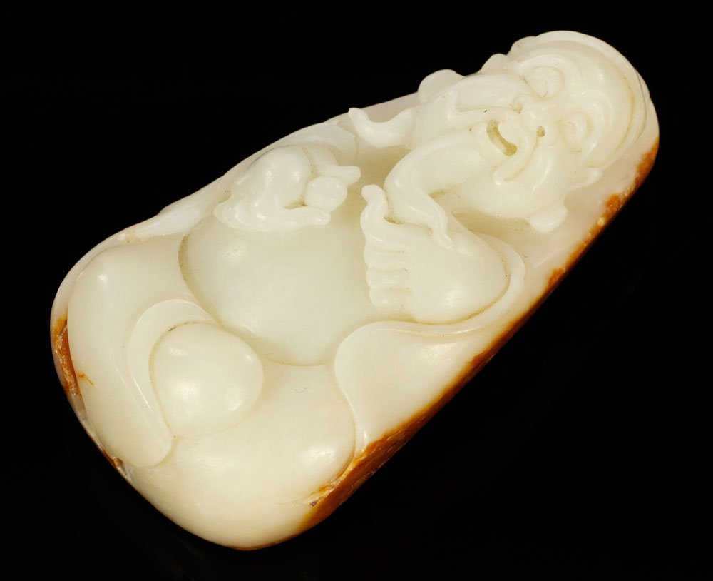 Chinese White Jade "Laughing Buddha": Chinese "Laughing Buddha", carved white jade with russet back, 3". Provenance: NY collection.