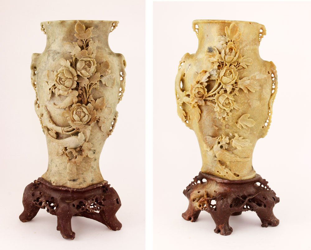 Pair Chinese Carved Soapstone Vases: Pair of Chinese carved soapstone vases, carved with roses, on finely carved stands, 17" h. Provenance: From the estate of the late Raymond Bolduc of Fort Lauderdale, Florida and Ogunquit, Maine.