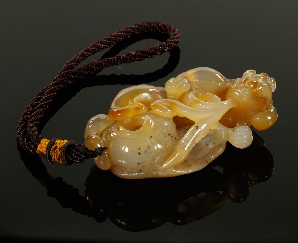 Chinese Agate Squirrel Pendant: Chinese pendant of a squirrel, carved agate, 3 1/2" x 2". Provenance: NY collection.