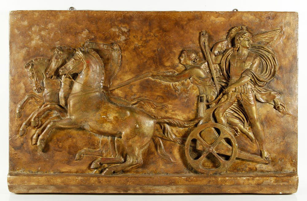 20th C. Plaster Classical Chariot Scene: Early 20th century, Classical Roman chariot scene, bronzed patina over plaster, attributed to Caproni Brothers of Boston, 24" x 39". Provenance: CA estate.