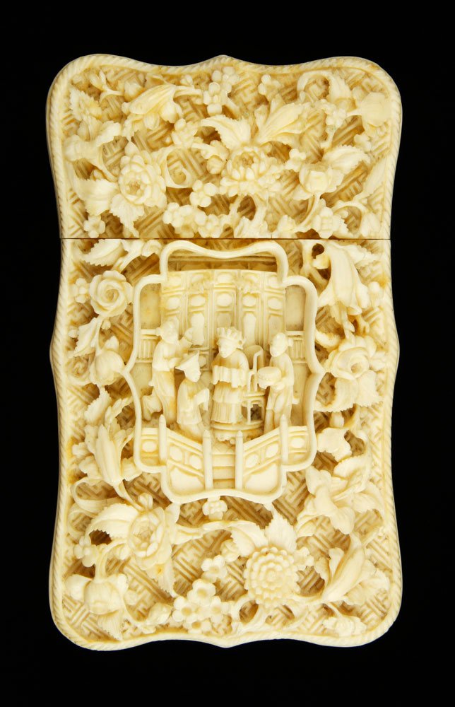 Carved Chinese Card Case: Card case, China, intricately carved bone, 4"h x 2"w. Provenance: From a MA estate.