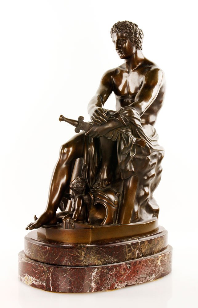 Dressler, Bronze Sculpture of Warrior: A. Dressler, sculpture, bronze, of Roman warrior with shield and putti at feet, on rotating marble plinth, inscribed "Hopfgarten Roma 1867" on base, 21"h x 12 1/2"w x 8"d overall, plinth is 3 3/4"h. P