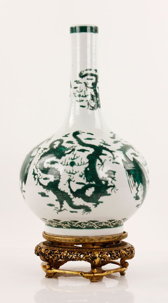Chinese Famille Rose Bottle Vase: Famille rose porcelain bottle vase, China, Qing Jiajing mark, with green dragon design. 15" H