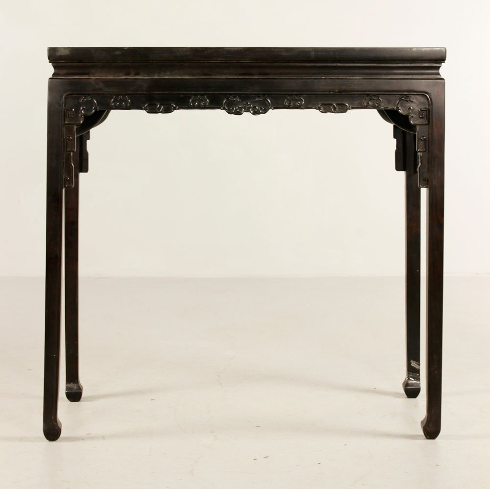 Chinese Zitan Wood Table: Zitan wood table, China, 32"h x 32"w x 15"d.