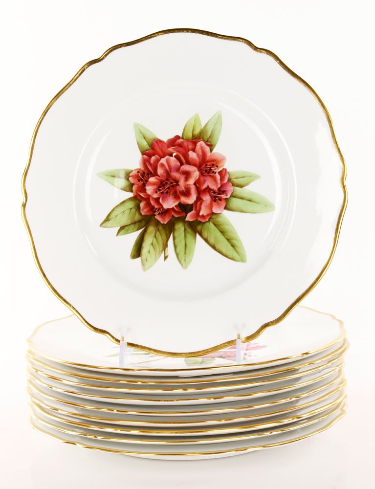 10 English Spode Copeland Plates: Lot of ten English Spode Copeland dinner plates, hand colored with rhododendrons and other flowers, marked "Tatman, Chicago," 10"dia. Provenance: From a MA collector.