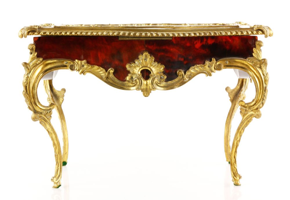 19th C. Bronze Doré Miniature Table: Magnificent 19th century miniature vitrine table, bronze doré and tortoiseshell, 10 1/4"h x 14 1/2"w. Provenance: From a CA collector.