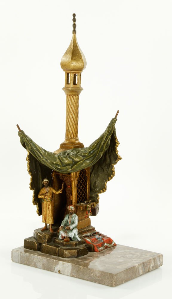 Austrian Cold Painted Bronze Lamp: Austrian lamp, cold painted bronze, of figures in a Middle Eastern setting, signed "Lang," 16 1/2"h x 8 3/8"w x 7 1/2"d. Provenance: From a CA collector.