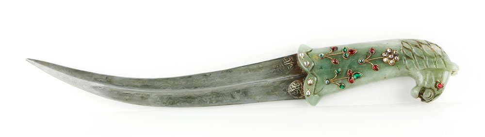 Mughal Dagger with Carved Jade Handle: Mughal Indian dagger with carved jade handle, set with synthetic jewels, 16"l. Provenance: From a MA collector.