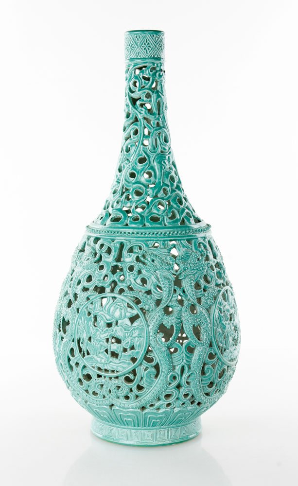 Chinese Reticulated Dragon Vase: Reticulated dragon vase, China, with Qianlong mark on base, 15"h x 17"w. Provenance: From a MA collector.