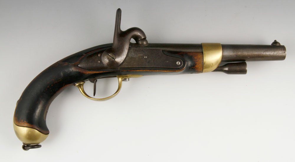 French Mutzig Percussion Pistol: French Mutzig percussion pistol, circa 1820, walnut stock, brass trigger guard, butt cap, steel lanyard ring and ramrod, 14"l. Crack to stock.