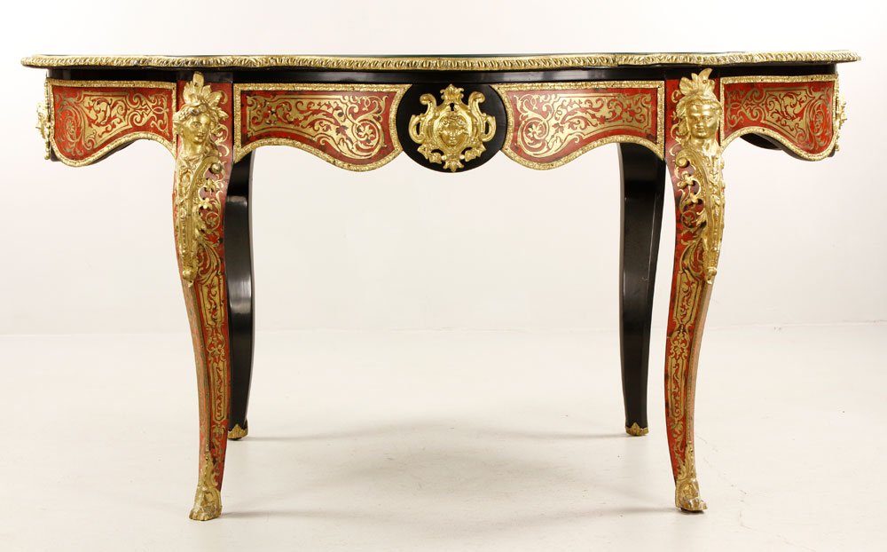 19th C. French Boulle Table: 19th century Boulle parlor table, with fine ormolu mounts and intricate detail, 29 1/2"h x 58 1/2"w x 33 1/2"d. Provenance: From a California estate.
