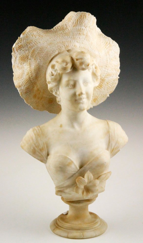 Victorian Alabaster bust: Victorian bust of a woman wearing a sun bonnet, alabaster, 19 1/2"h. Chip to base.