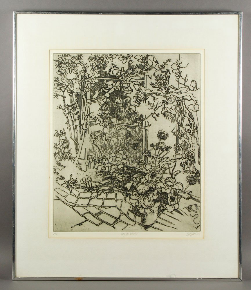 Milton, "Botanical Garden," Etching: Peter Milton (American, b. 1930), "Botanical Garden," lift ground etching, editioned 25/30 lower left, signed and dated lower right, 18" h x 15" w (image), 27" h x 23" w (sheet). Provenance: From a Bo