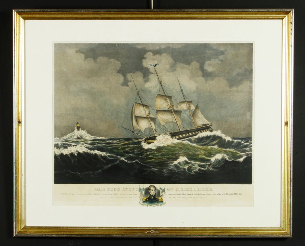 Hoffy, "Old Iron Sides on A Lee Shore", Lithograph: A. Hoffy, Old Iron Sides on a Lee Shore, lithograph, Dow & Duval publisher, CS Frigate Constitution Captain Elliot, weathering Scilly on her return from France, gold and silver gesso frame, 26 1/2" x