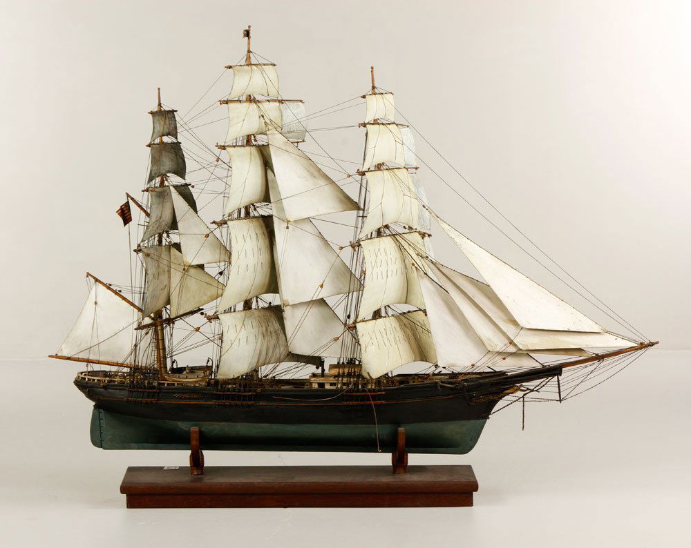 "Flying Cloud" Full Rigged Ship Model: "Flying Cloud", full rigged ship model with wood sails, professionally refurbished by Mark Sutherland of Concord, 32 1/2"h (including 3 1/4" stand) x 42"l x 9"w. Provenance: MA estate.