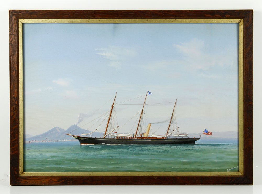 De Simone, American Ship, G/P: Tommaso De Simone (Italian, circa 1805-1888), An American ship in the Bay of Naples, gouache on paper, signed lower right 'De Simone 84', 16 5/8"h x 24 1/8"w (view), 19 1/2"h x 27 1/4"w (frame). Prove