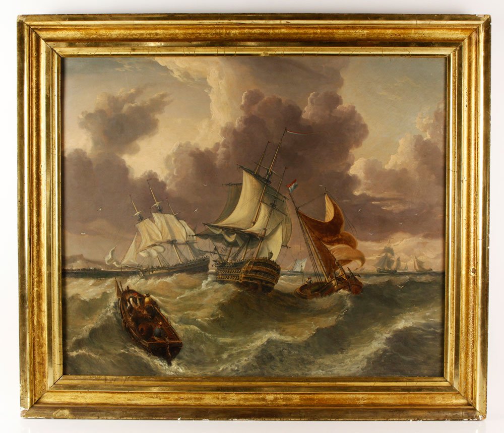 Harding, Marine Painting, O/C: Chester Harding (American, 1792-1866), marine painting, oil on canvas, signed "C. Harding" and dated 1828 (on stern of small boat), 25"h x 30"w (view), 30 1/2"h x 35 1/2"w (frame). Provenance: MA Esta