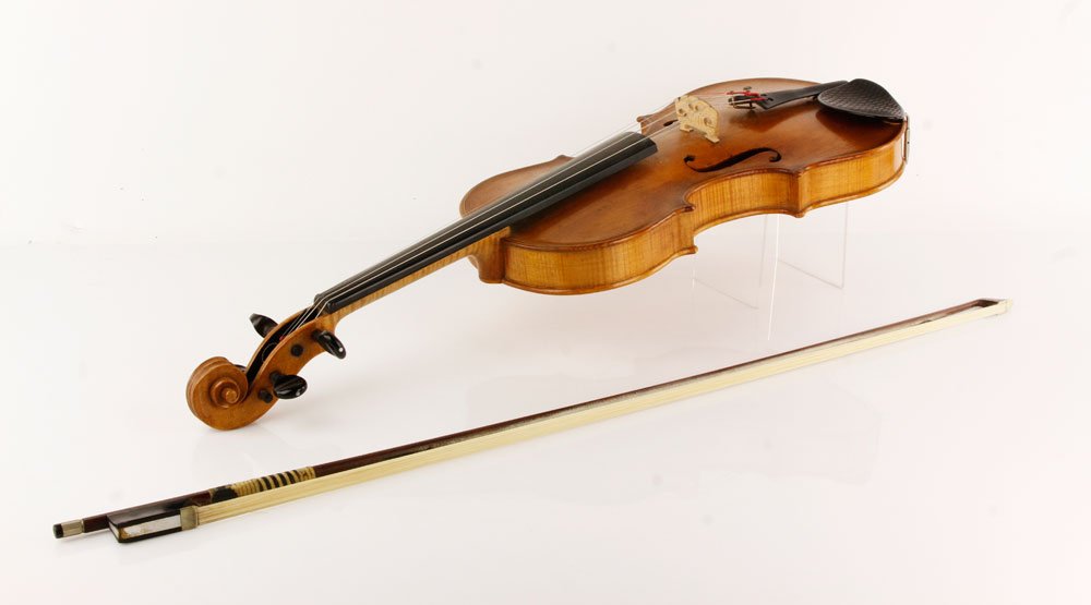 Johansson 1910 Violin: Violin made by Gustave Johansson, signed and dated 1910, spruce top two piece back with medium curl, bow signed Hill. Provenance: MA estate.