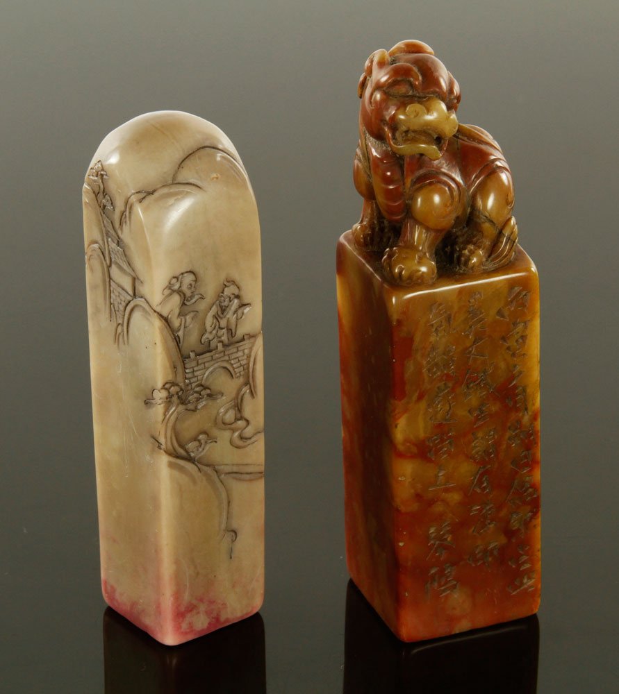 2 Chinese Soapstone Seals: Two Chinese seals, carved soapstone.