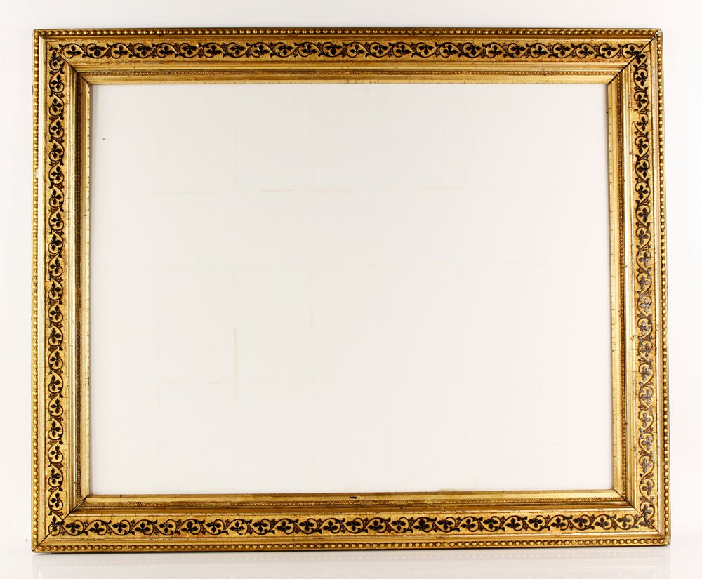 19th C. Print Frame: 19th century print frame black ivy pattern, beaded border with glass, 21"h x 27 1/2"w (interior), 27 1/4"h x 34"w (exterior), 3" w. Provenance: MA Collection.