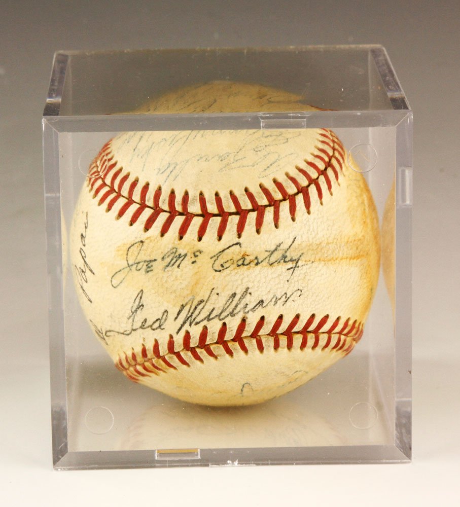 Ted Williams Signed Baseball: 1945 Ted Williams signed Red Sox baseball with 20 other signatures including Joe McCarthy, Mel Parnell, Johnny Pesky, Ken Keltner, Al Papai and Al Zarilla, personally gifted by Ted Williams to the own