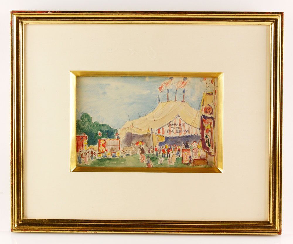 Beal, Circus Big Tent, W/C: Reynolds Beal (American 1867-1951), circus big tent, watercolor on paper, 5 1/2"h x 8 1/2"w (view), 13"h x 16"w (frame). Provenance: FL Estate.
