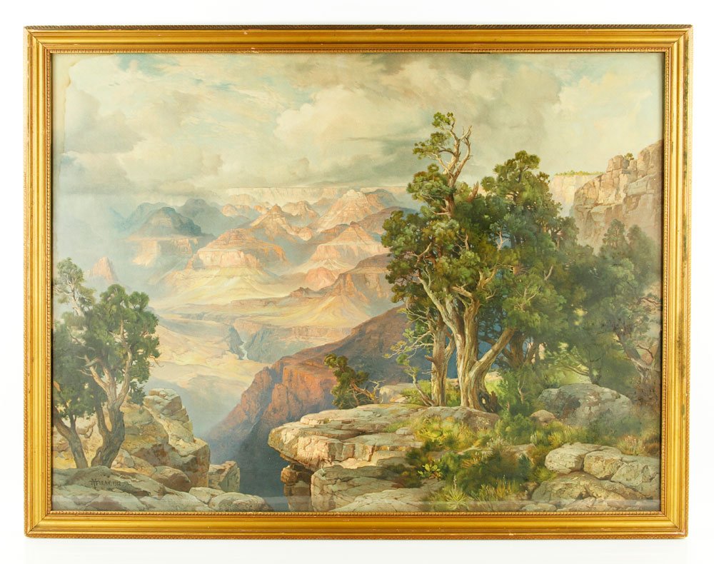 Moran, Grand Canyon, lithograph: Thomas Moran (American 1837-1926), Grand Canyon of Arizona from Herbert Rim Road, color printed lithograph, 26 1/4"h x 35"w (view), 29 1/4"h x 37 3/4"w. Provenance: MA Estate.