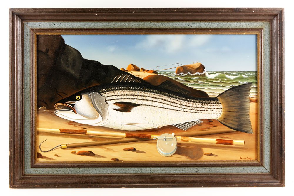 Howes, Sea Bass and Fishing Rod, O/C: Jerome Howes (American, b. 1955), Sea bass and fishing rod, oil on board, 14" h x 24" w. Provenance: MA collection.