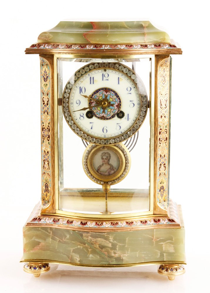 19th C. French Champlevé Clock: 19th century French champlevé clock, with jewels and paint decoration, 13 3/8" h x 8 3/8" w x 4 7/8" d. Provenance: From a California collection.