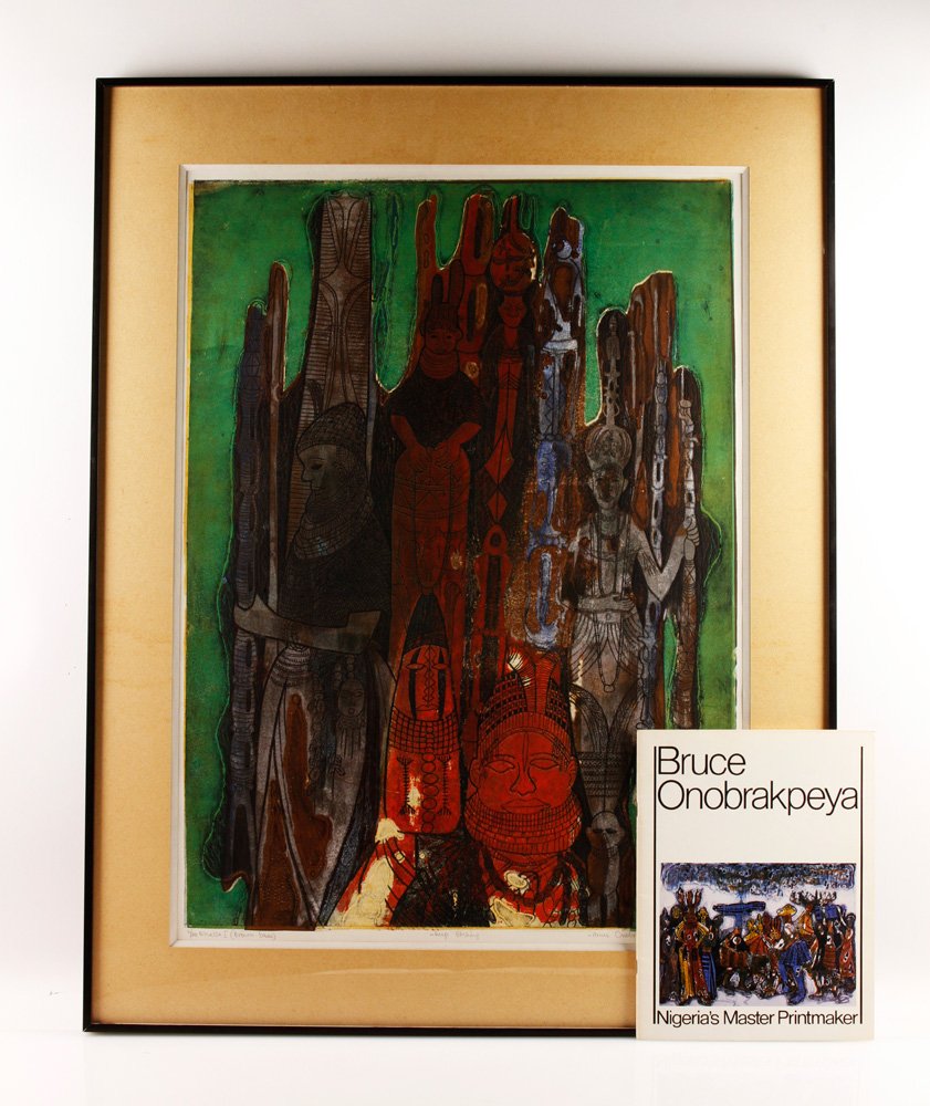 Onobrakpeya, "Ekassa I," Etching: Bruce Onobrakpeya (b. 1932), "Ekassa I," etching on paper, editioned 6/20, signed and dated February 1980 in pencil lower right, with exhibition catalog, 27 3/4" h x 19 1/2" w (view), 34" h x 26 1/2"