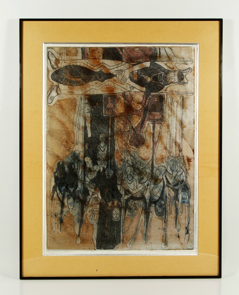 Onobrakpeya, "Ekassa II," Etching: Bruce Onobrakpeya (b. 1932), "Ekassa II," etching on paper, editioned, signed and dated in pencil lower, with exhibition catalog, 27 3/4" h x 19 1/2" w (view), 34" h x 26 1/2" w (frame). Provenance: F