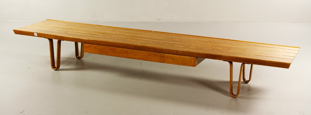 Wormley for Dunbar "Long John Bench": Edward Wormley for Dunbar "Long John" bench, #4699, blonde walnut over four raised feet, with one drawer underside, no labels, 11 3/4" h x 84" w x 19" d. Provenance: From an Indiana estate, with origi