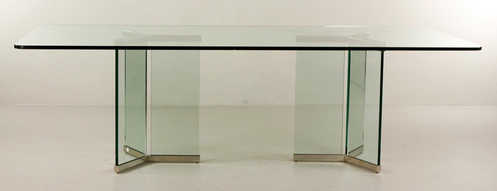 Rosen for Pace Dining Table: Leon Rosen for Pace Collection, dining table, glass and chrome, made in the 1960s, 29" h x 84" w x 44" d. Provenance: From a Massachusetts estate.