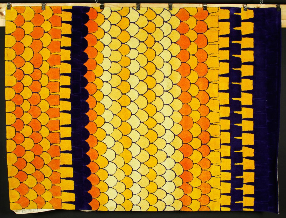 Fields Sculpted Wool Area Rug: Edward Fields (1913 - 1979), modern area rug, sculpted wool, c. 1970s, labeled "Edward Fields" on back, and numbered 08326, 6' x 8'. Provenance: From a Massachusetts collection.
