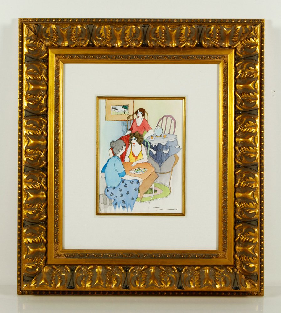 Tarkay, "Brunch and Friends #26," W/C and Serigraph: Itzchak Tarkay (Hungarian, 1935 - 2012), "Brunch and Friends #26," watercolor over serigraph, signed "Tarkay" lower left, 9 1/4" h x 7" w (view), 23" h x 20 1/2" w (frame). Provenance: From a Massachu