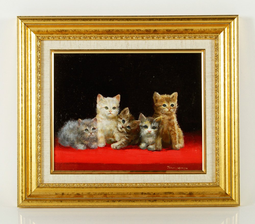 Hitch, "Kittens," O/C: Jean Hitch (American, 20th C.), "Kittens," oil on canvas, signed lower right "Jean L. Hitch," Cape Cod, MA artist, 7 1/2" h x 9 1/2" w (view), 12" h x 14" w (frame). Provenance: From a Massachusetts e