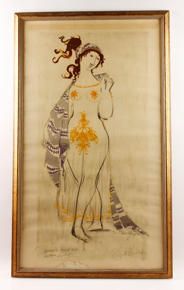 Wiinblad, "Costume ttl Myrine, "W/C and Drawing: Bjorn Wiinblad (Danish, 20th C.) "Costume ttl Myrine," watercolor and drawing on paper, titled lower left in pencil, signed lower right in pencil "Bjorn Wiinblad," 34 1/2" h x 19 1/2" w (view), 37 1/4