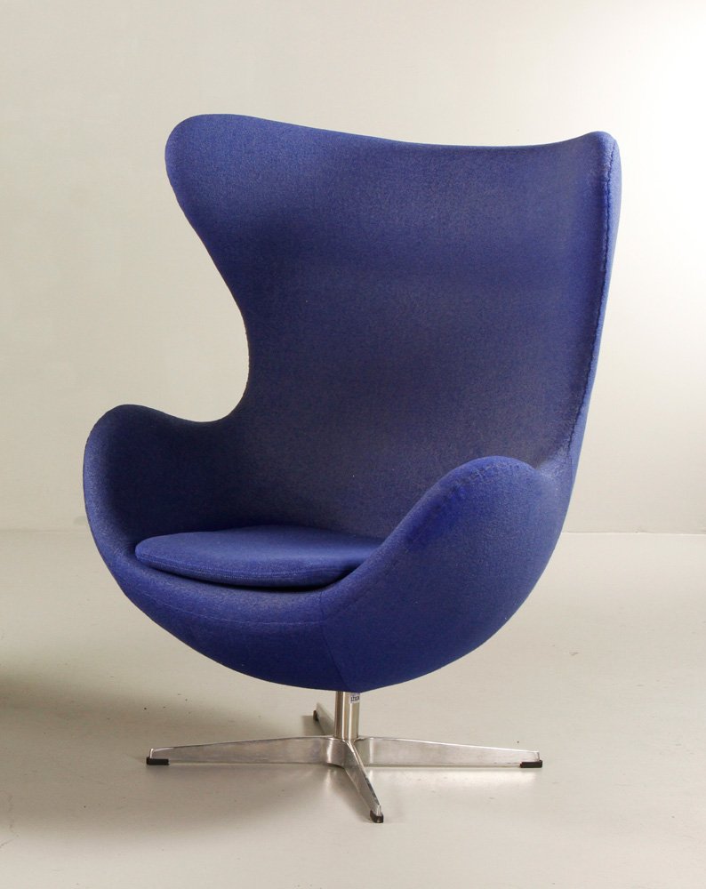 "Egg Chair," in the Style of Jacobsen/Hansen: "Egg Chair," in the style of Arne Jacobsen for Fritz Hansen, blue wool upholstery, on aluminum swivel base, 41" h x 34" w x 24 "d. Provenance: From a California estate.