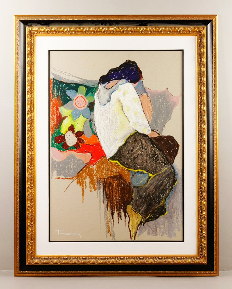 Tarkay, "A Long Day," O/B: Itzchak Tarkay (Hungarian, 1935 - 2012), "A Long Day," oil and pastel on board, signed lower left "Tarkay," framed and matted under glass, 38" h x 26 1/2" w (view), 53" h x 41 1/2" w (frame). Provenan