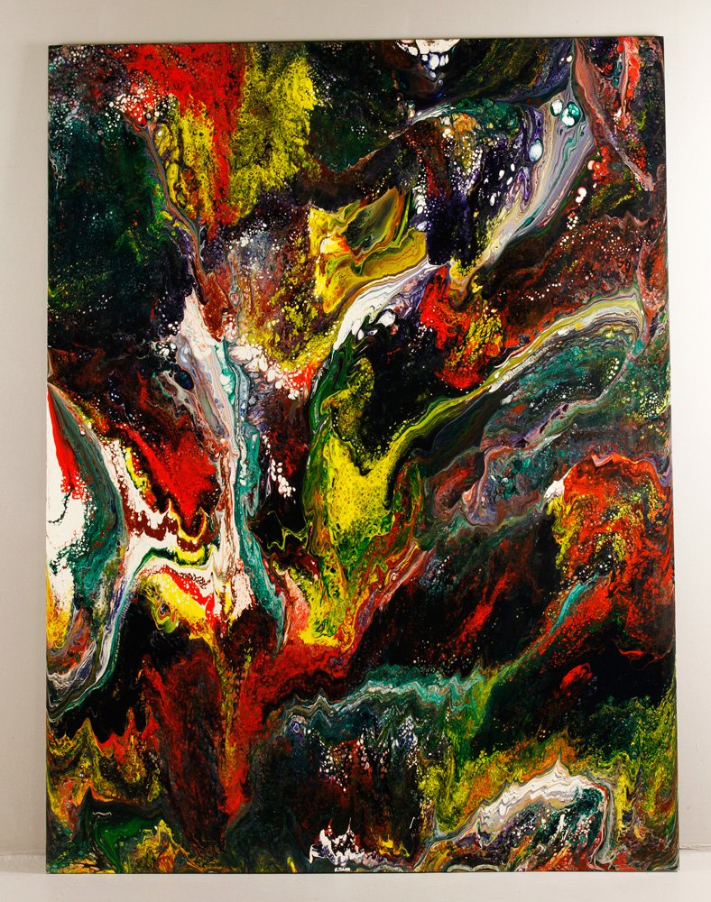 Mann, "Z611," A/M: Richard Mann (American, 20th century), "Z611," acrylic on Masonite, unframed, purple, thalo green, yellow, orange, and white, 36" h x 48" w. Provenance: From a California estate.