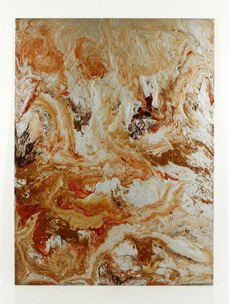 Mann, "#P104," A/M: Richard Mann (American, 20th century), "P104," acrylic on Masonite, metallic silver, burnt sienna and brown, 30" h x 40" w. Provenance: From a California estate.